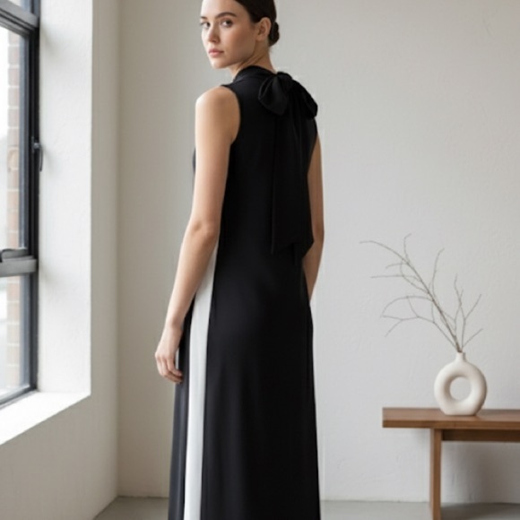 Vintage black & white tie neck sleeveless midi dress - size Large (L) - Picture 1 of 4